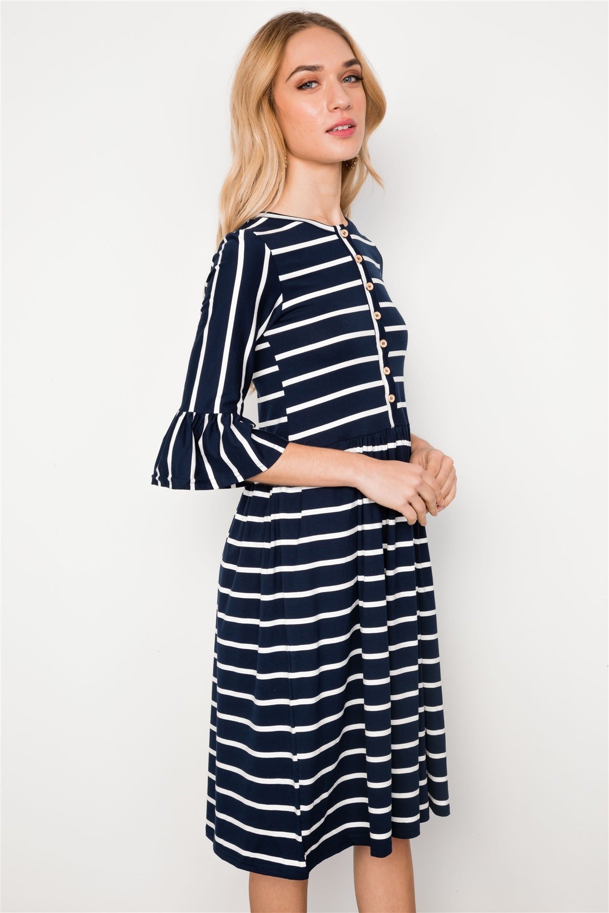 Navy Blue Striped Ruffle Sleeve Midi Boho Dress