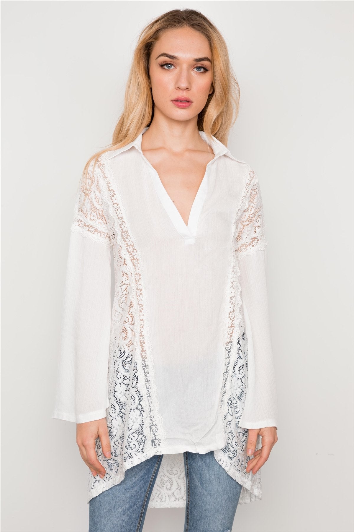 Combo Lace Bell Sleeve Tunic Top