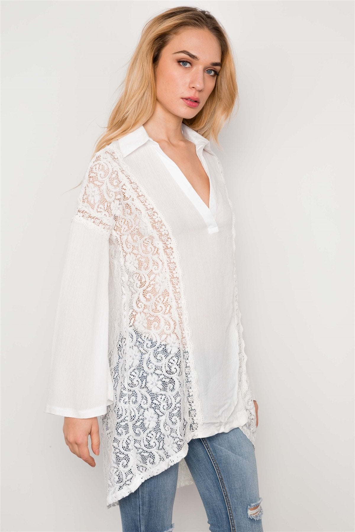 Combo Lace Bell Sleeve Tunic Top