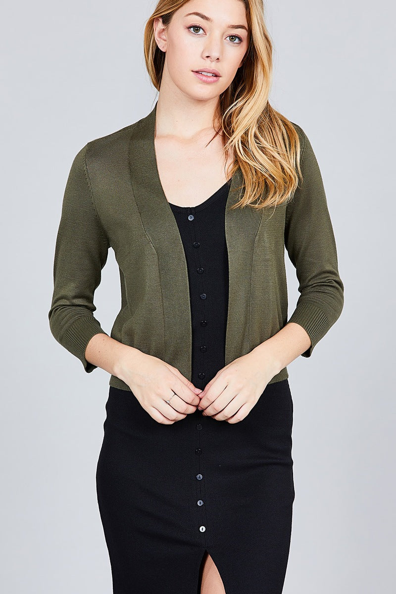 3/4 Sleeve Open Front Crop Cardigan