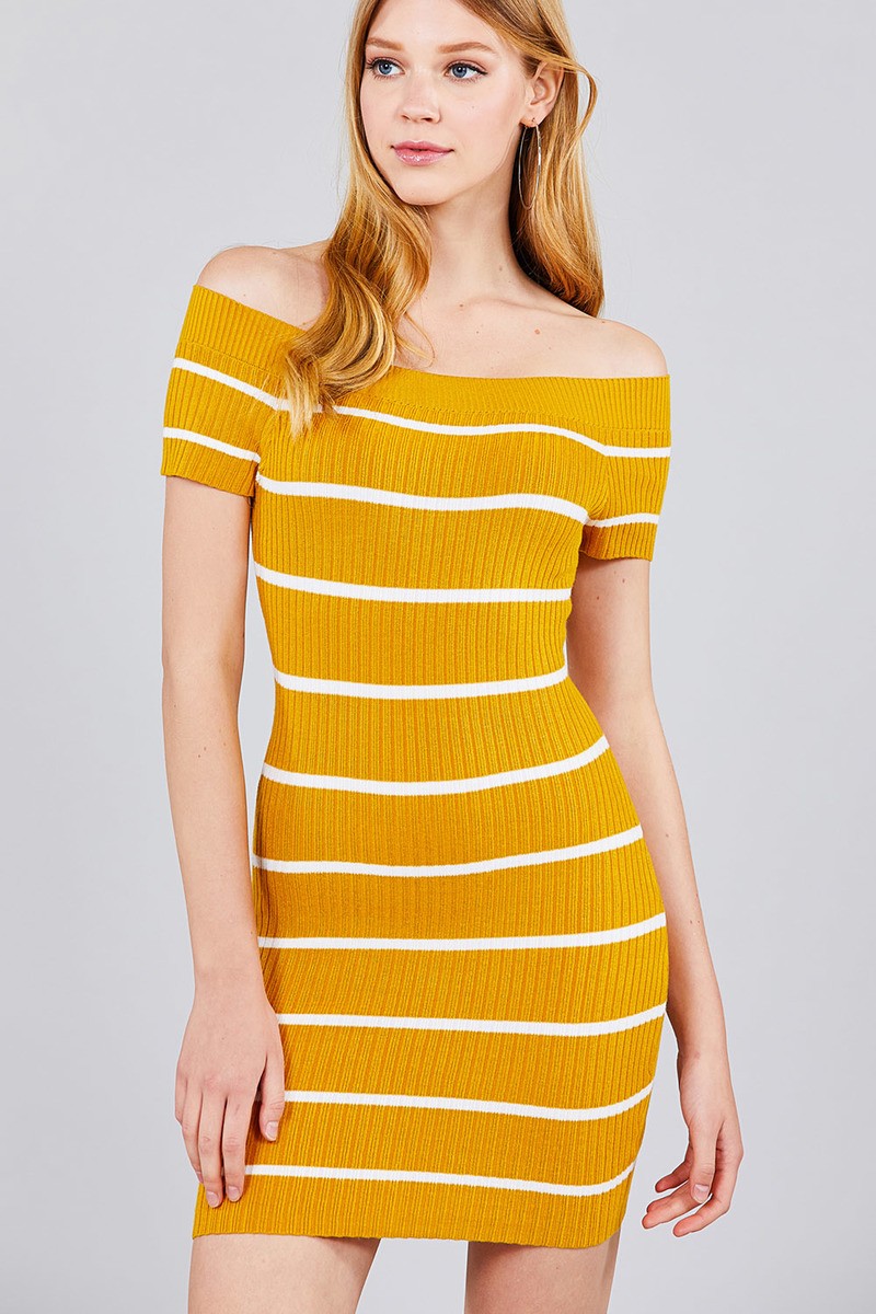 Short Sleeve Off The Shoulder Striped Mini Sweater Dress
