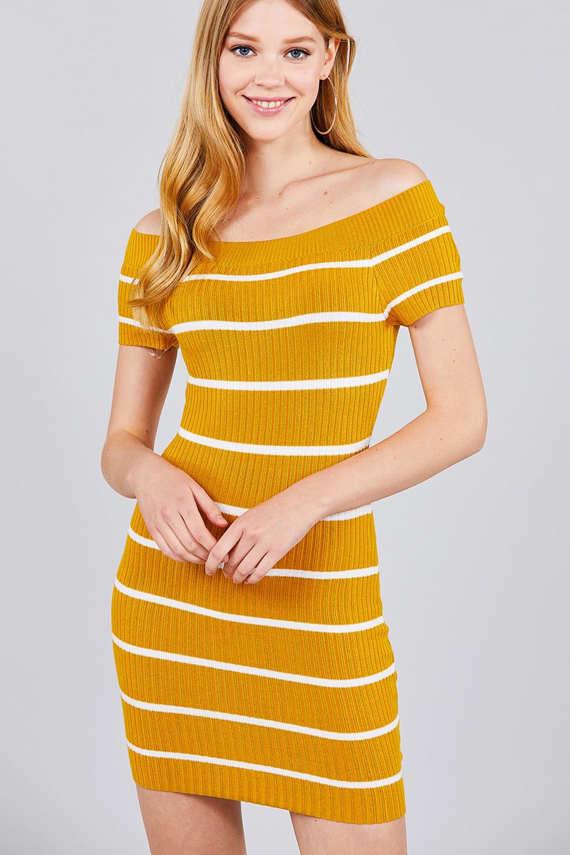 Short Sleeve Off The Shoulder Striped Mini Sweater Dress
