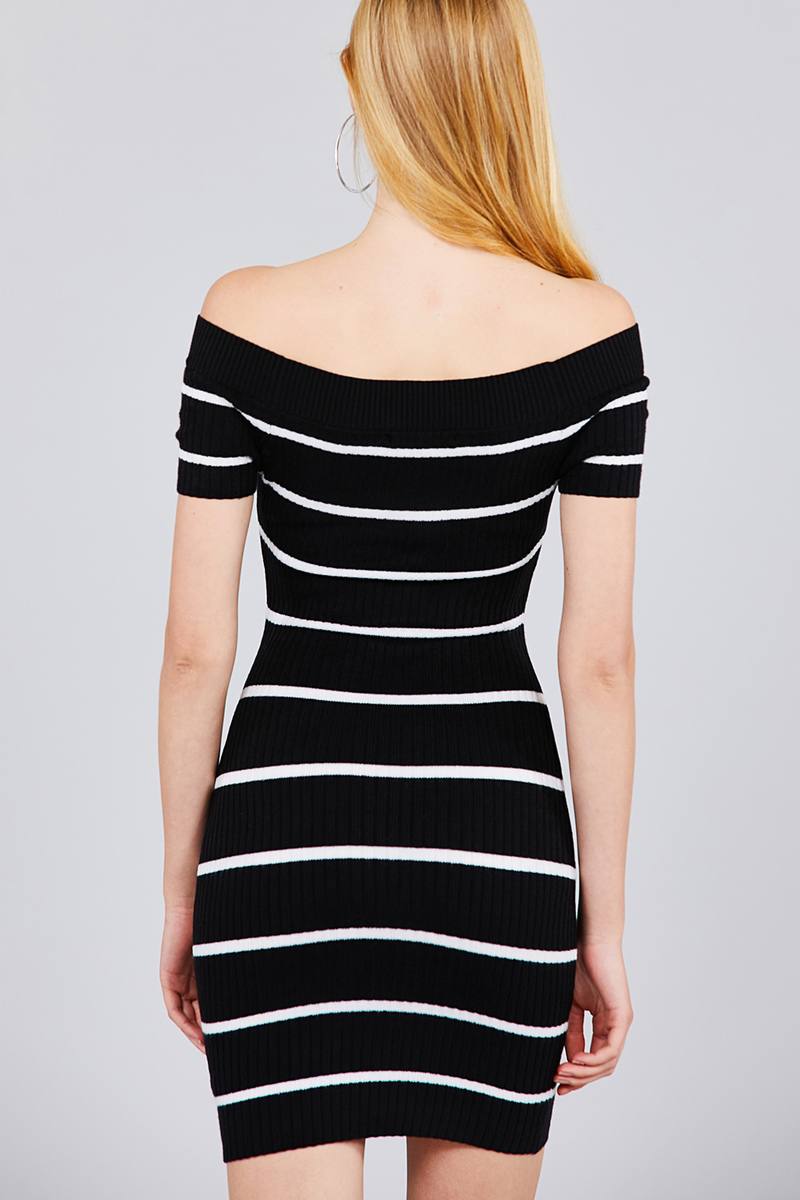 Short Sleeve Off The Shoulder Striped Mini Sweater Dress