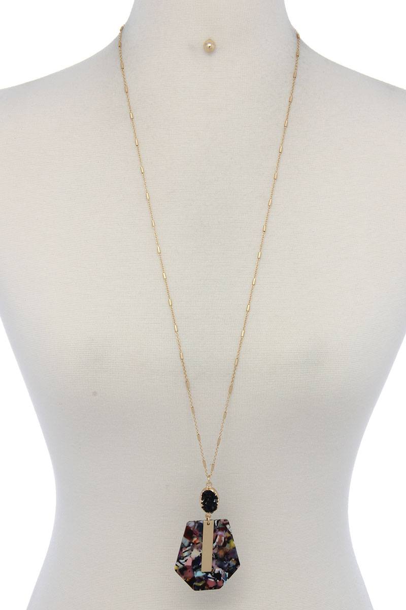 Druzy Stone Metal Bar Acetate Pendant Necklace
