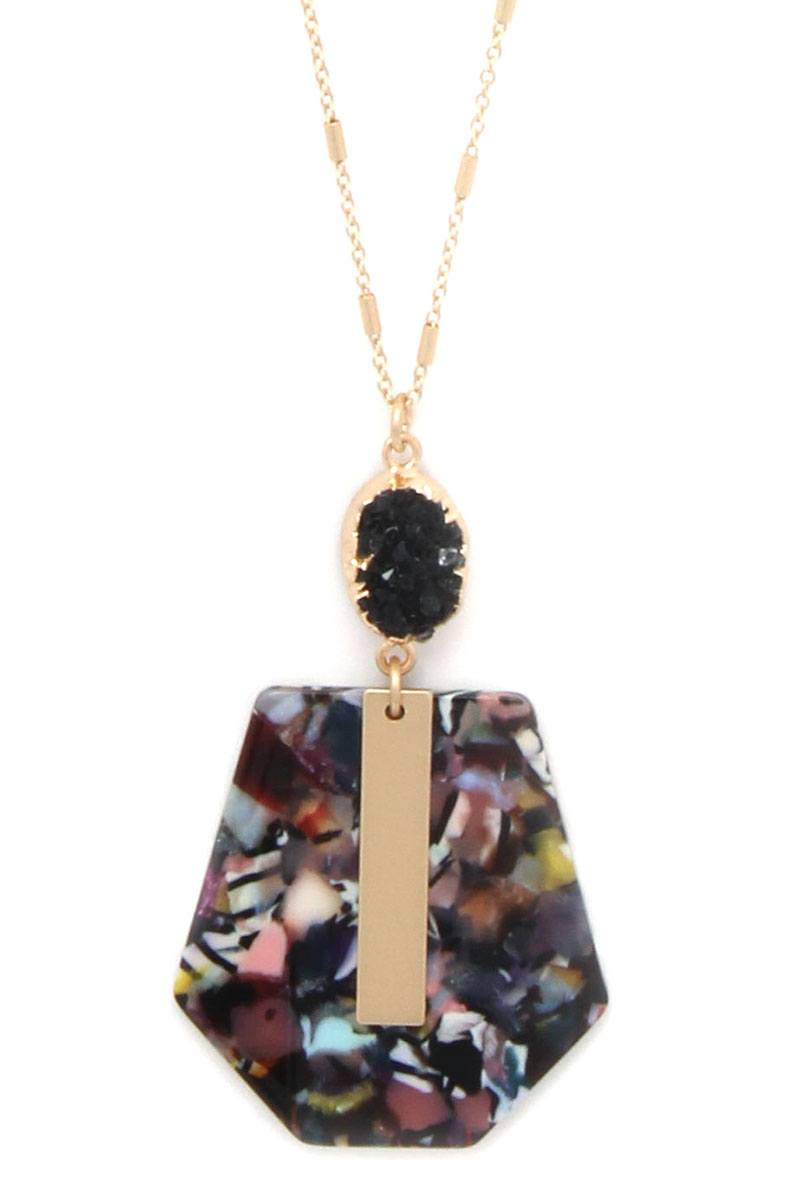 Druzy Stone Metal Bar Acetate Pendant Necklace