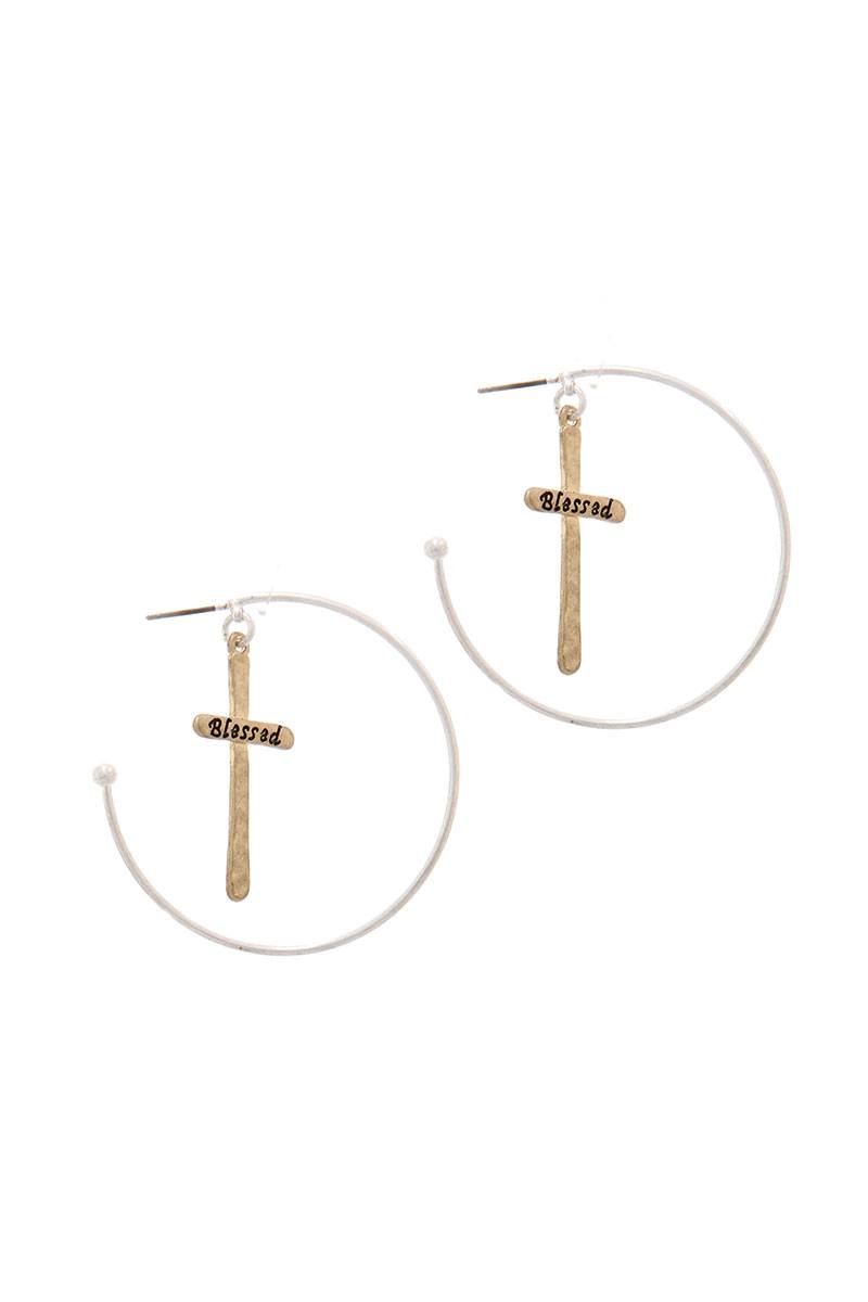 "blessed" Cross Dangle Open Hoop Earring