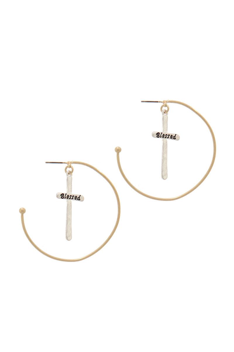 "blessed" Cross Dangle Open Hoop Earring