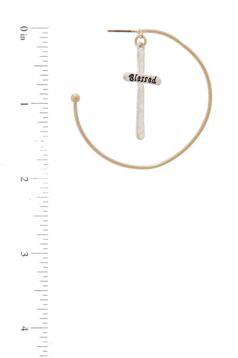 "blessed" Cross Dangle Open Hoop Earring