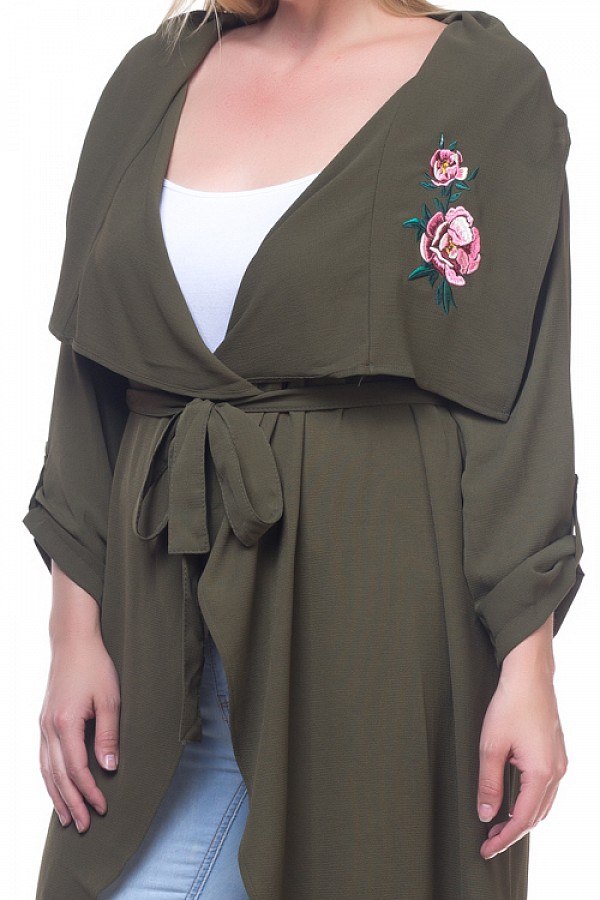 Floral Embroidery Belted Jacket