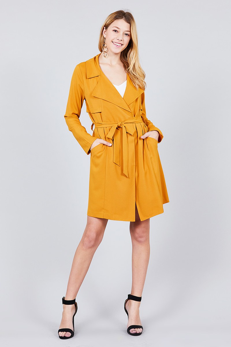 Long Sleeve Notched Collar W/waist Belt Long Jacket