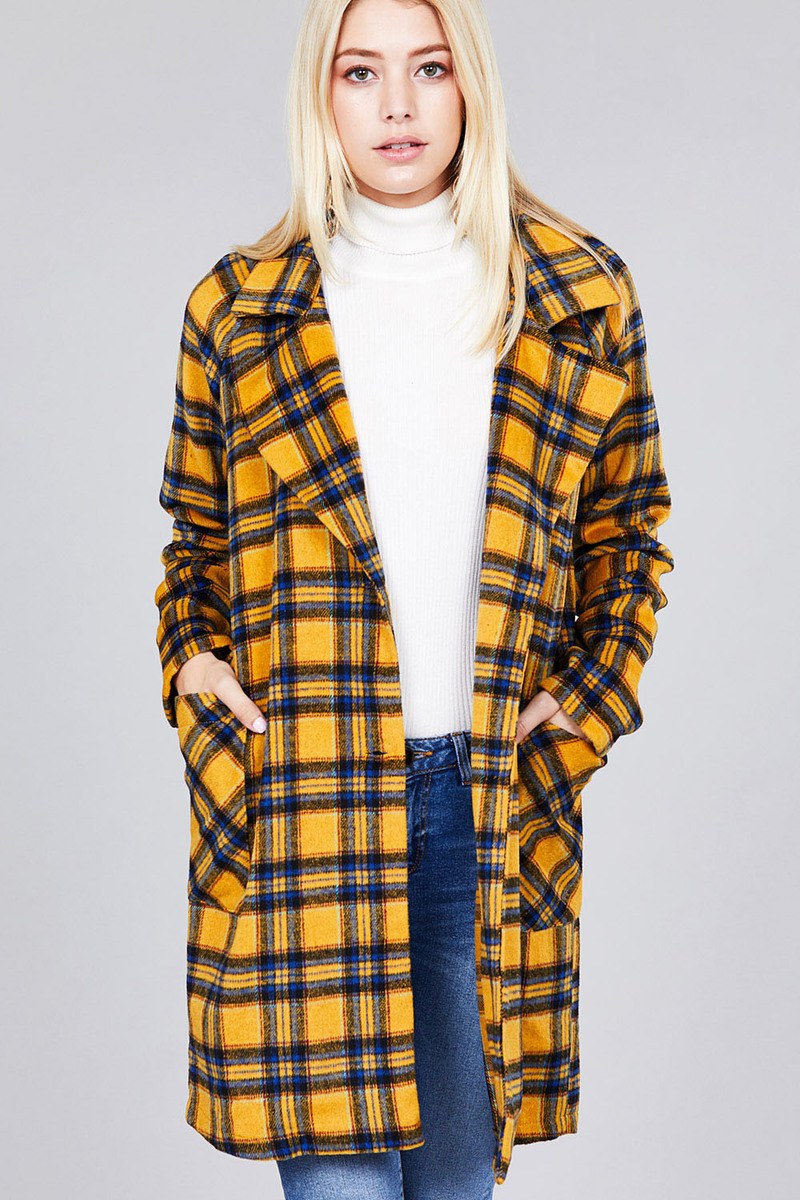Long Sleeve Notched Lapel W/pocket Heavy Plaid Long Jacket