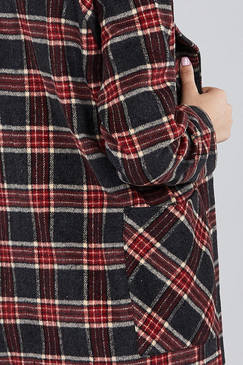 Long Sleeve Notched Lapel W/pocket Heavy Plaid Long Jacket