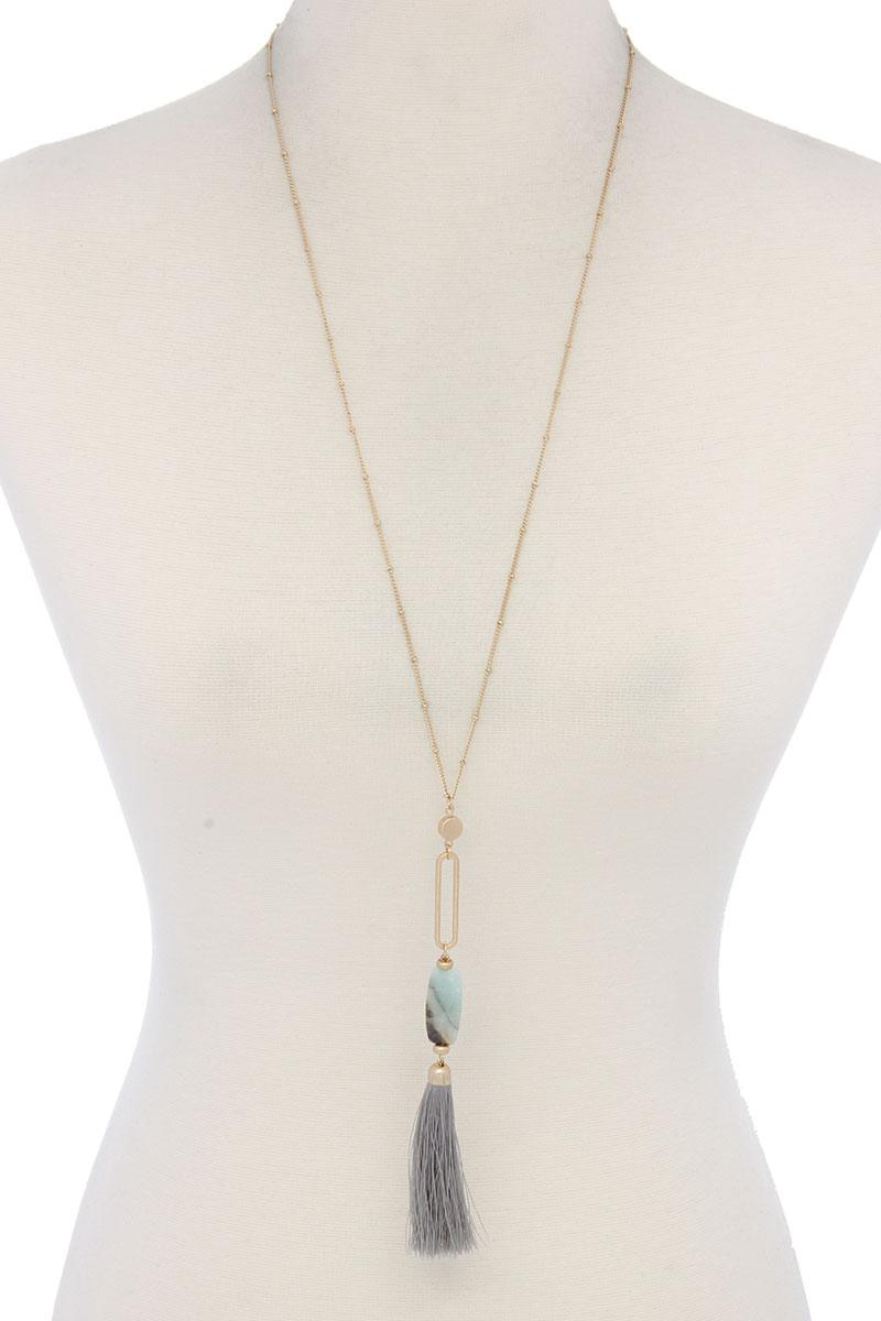 Cut Out Long Oval Bead Tassel Pendant Necklace