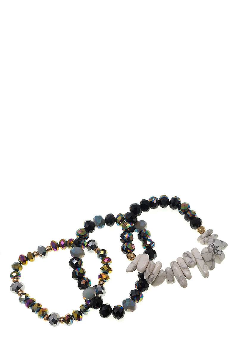 Multi Beaded Stone 3 Piece Set Stretch Bracelet