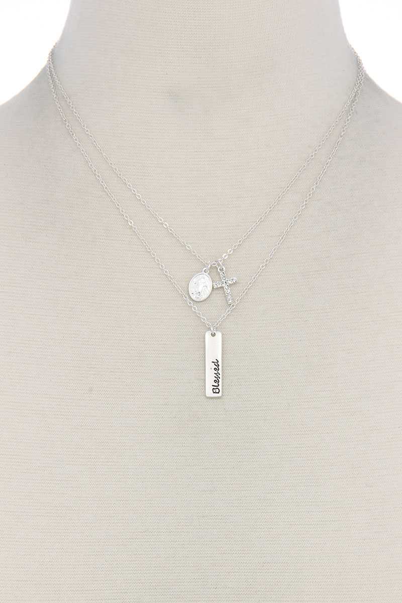 "blessed" Engraved Metal Bar Cross Charm Multi Layered Necklace