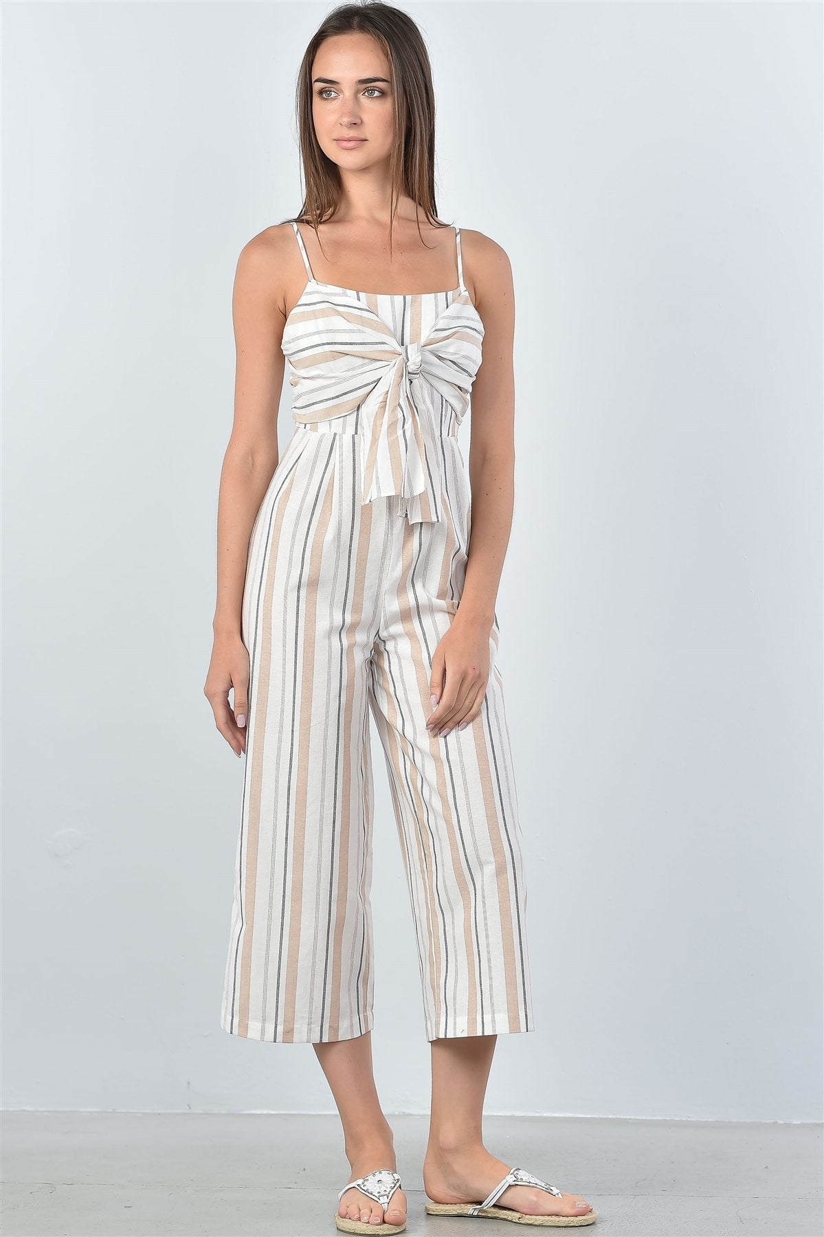 Cream Knotted Striped Jumpsuit