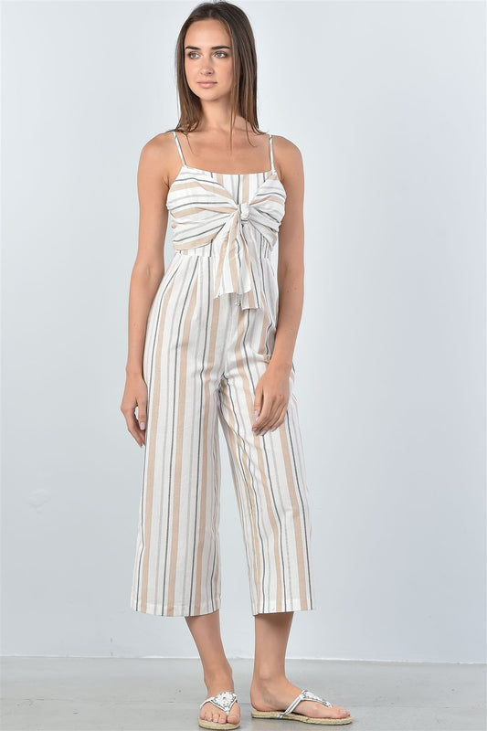 Cream Knotted Striped Jumpsuit