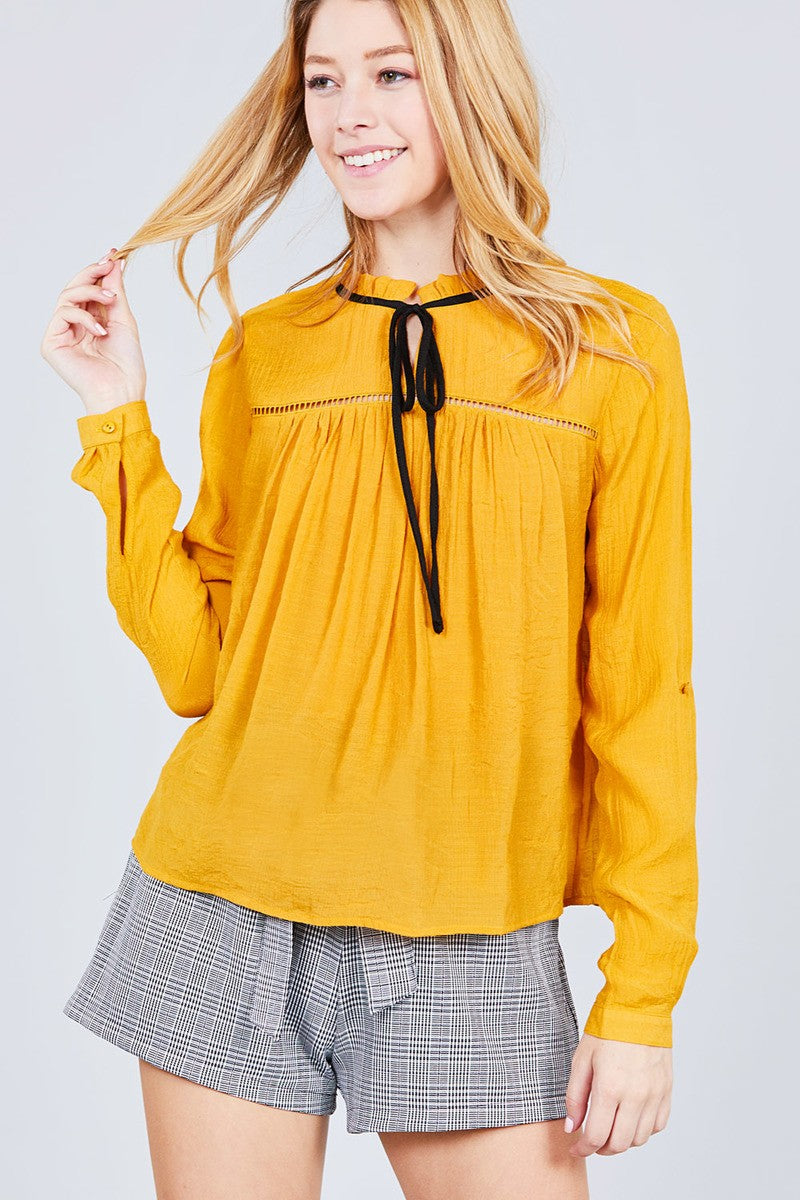 3/4 Roll Up Sleeve Ruffle Neck Contrast Tie Slub Gauze Woven Top