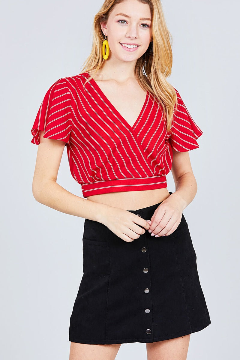Short Sleeve V-neck W/surplice Tie Detail Multi Stripe Print Woven Top