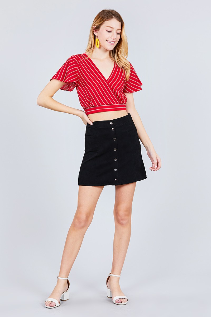 Short Sleeve V-neck W/surplice Tie Detail Multi Stripe Print Woven Top