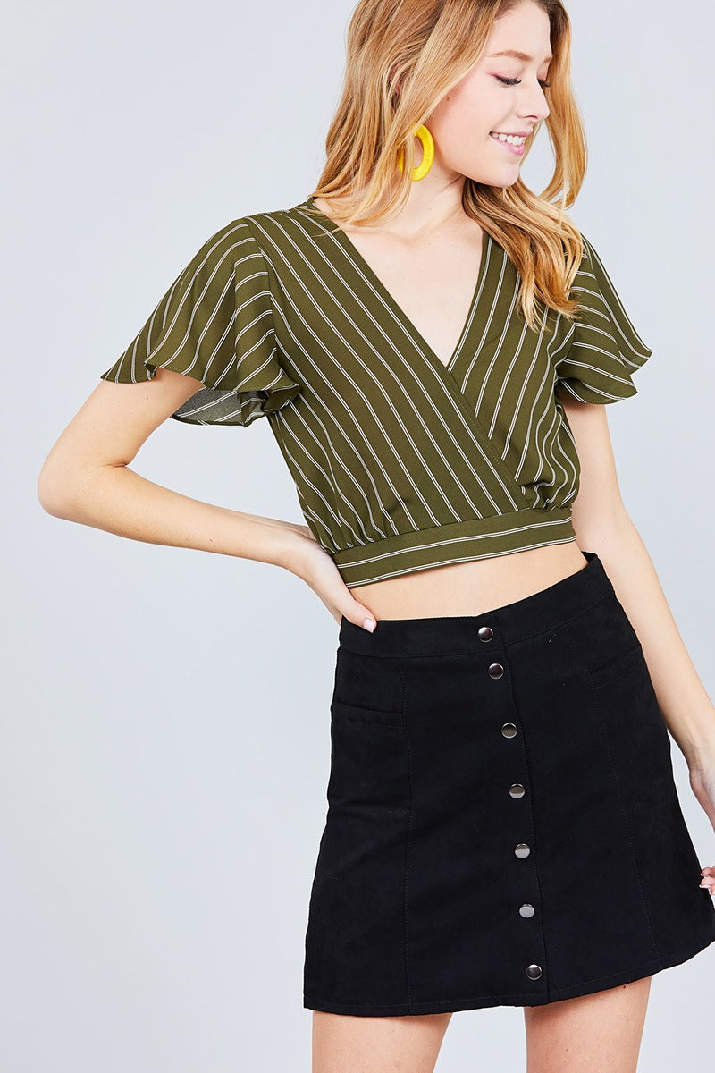 Short Sleeve V-neck W/surplice Tie Detail Multi Stripe Print Woven Top
