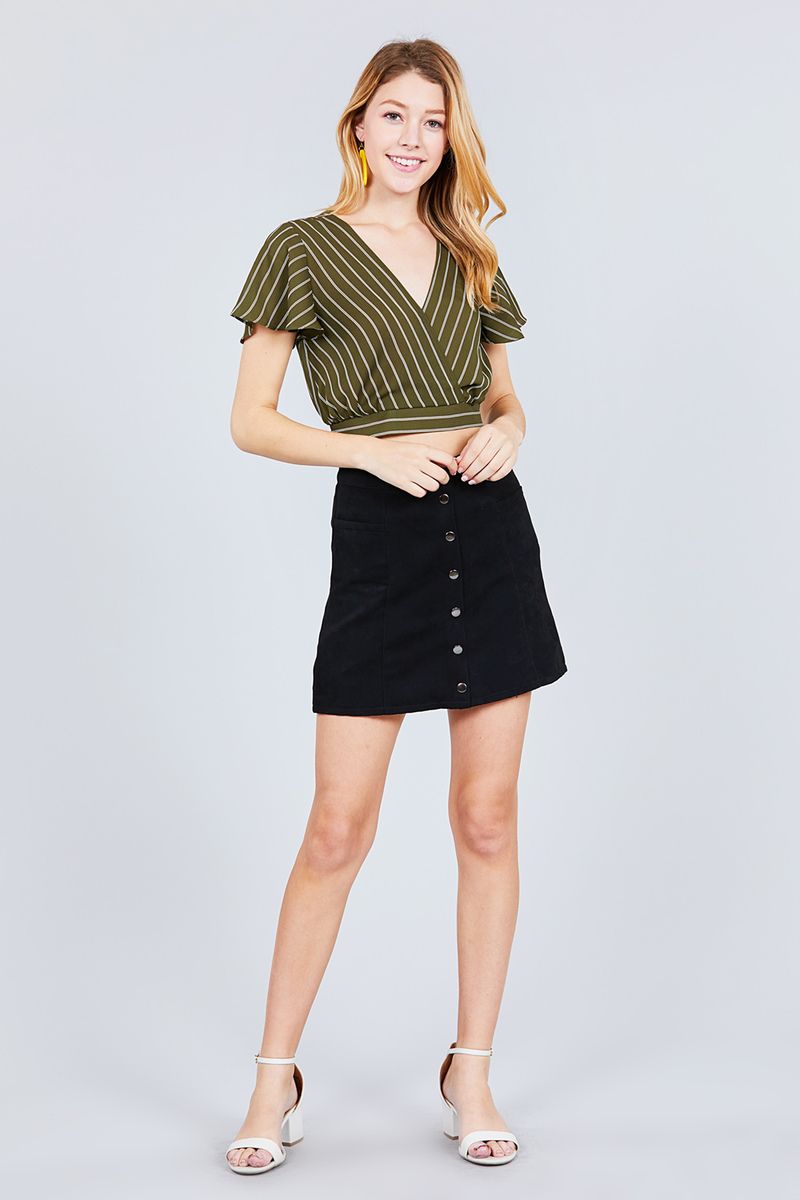 Short Sleeve V-neck W/surplice Tie Detail Multi Stripe Print Woven Top