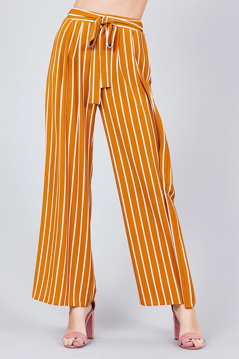 Stripe Print Waist Self Bow Tie Crepe Long Pants