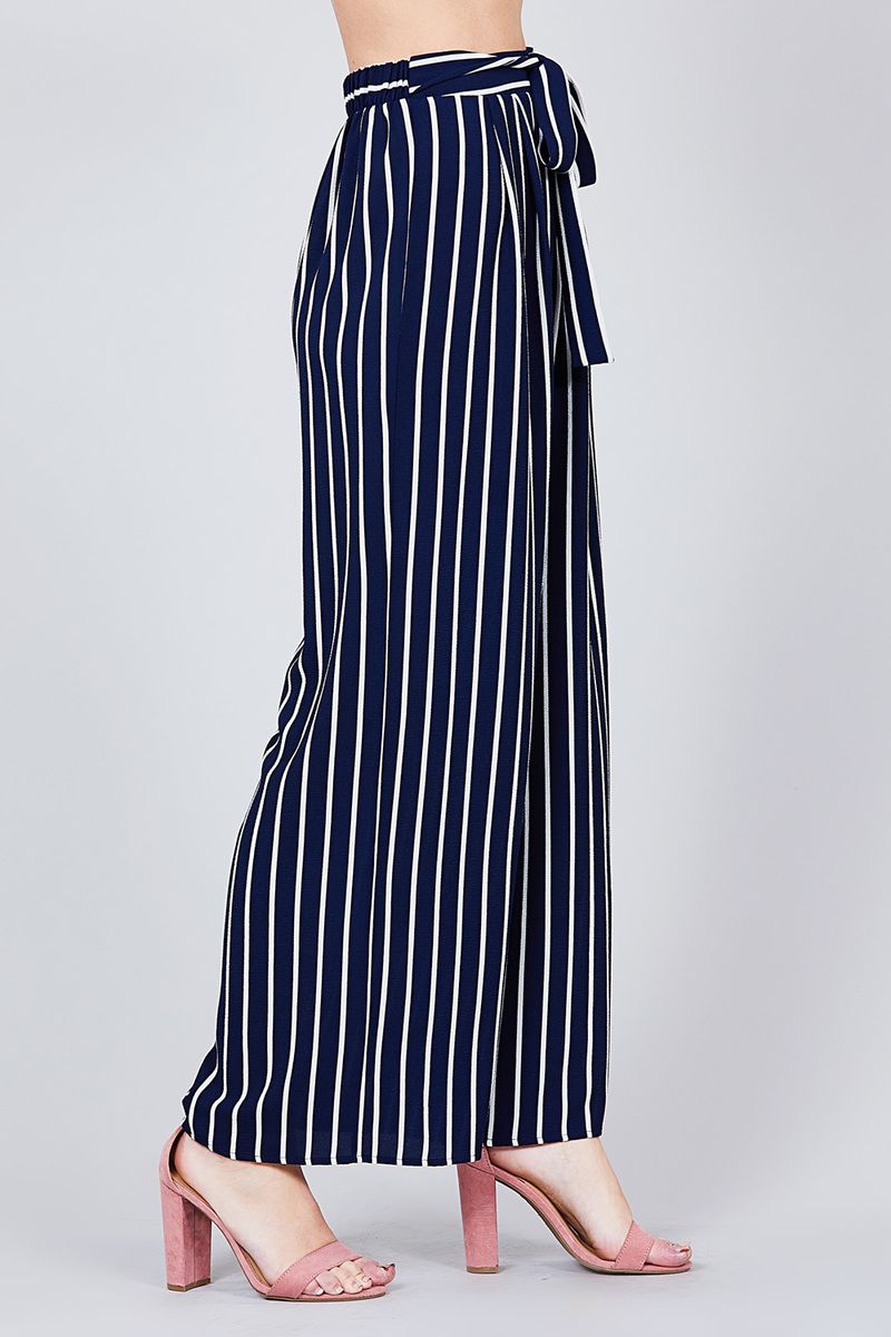 Stripe Print Waist Self Bow Tie Crepe Long Pants