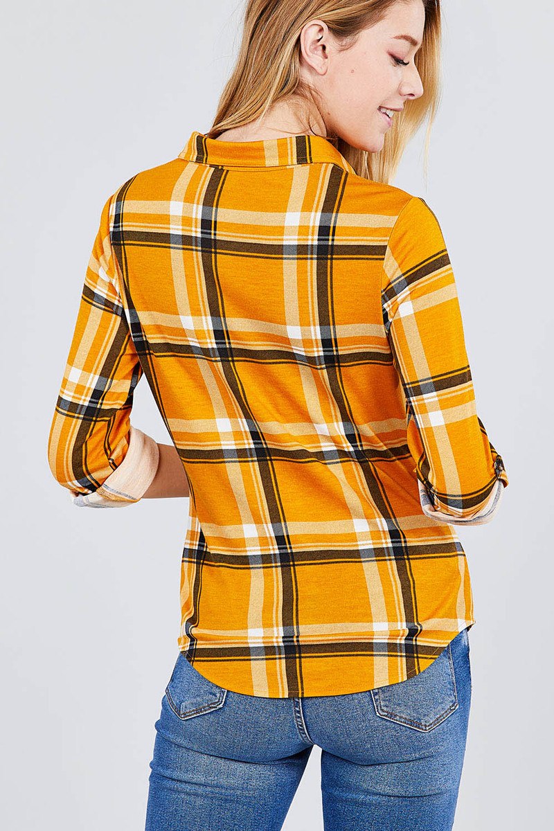 3/4 Roll Up Sleeve Front Pocket Detail Plaid Check Print Stretch Knit Shirts