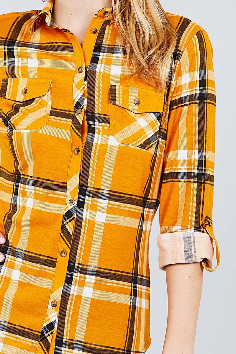 3/4 Roll Up Sleeve Front Pocket Detail Plaid Check Print Stretch Knit Shirts