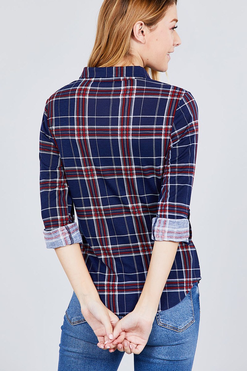 3/4 Roll Up Sleeve Front Pocket Detail Plaid Check Print Stretch Knit Shirts