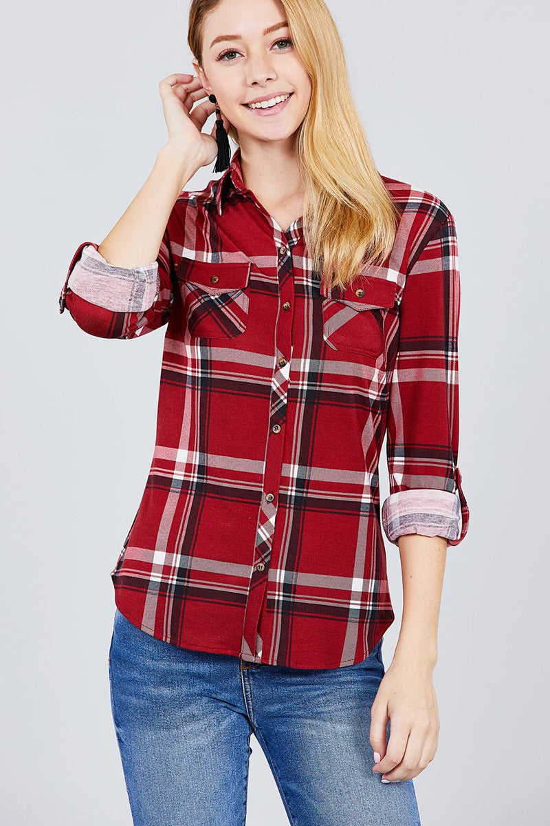 3/4 Roll Up Sleeve Front Pocket Detail Plaid Check Print Stretch Knit Shirts