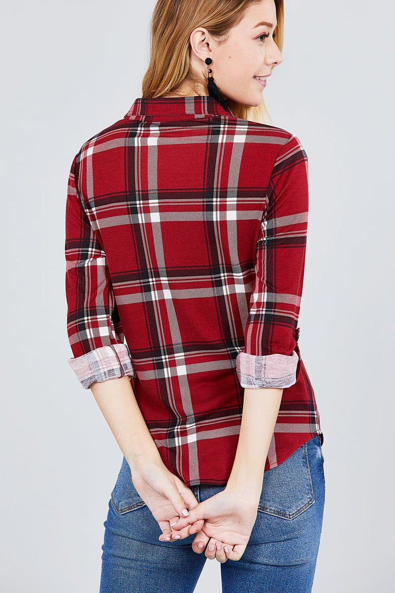 3/4 Roll Up Sleeve Front Pocket Detail Plaid Check Print Stretch Knit Shirts