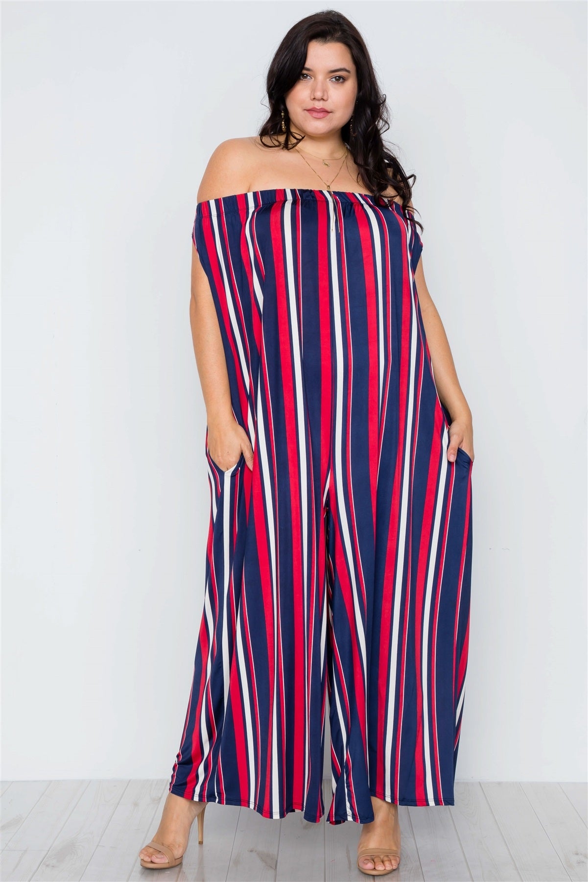 Plus Size Navy Red Off-the-shoulder Stripe Jumpsuit