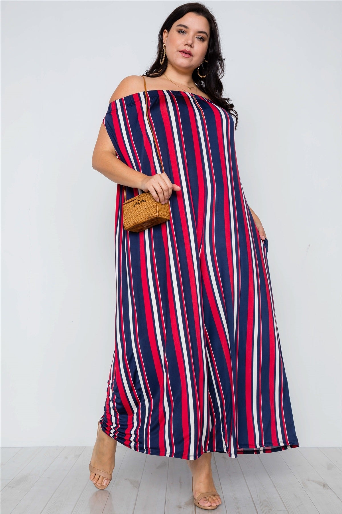 Plus Size Navy Red Off-the-shoulder Stripe Jumpsuit
