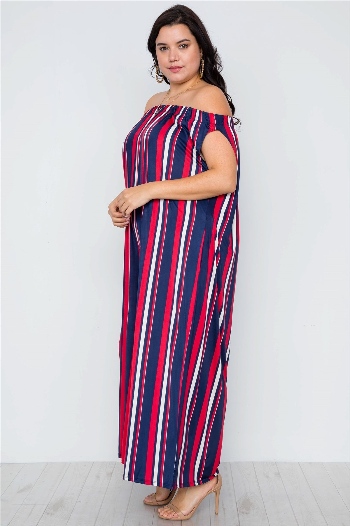 Plus Size Navy Red Off-the-shoulder Stripe Jumpsuit
