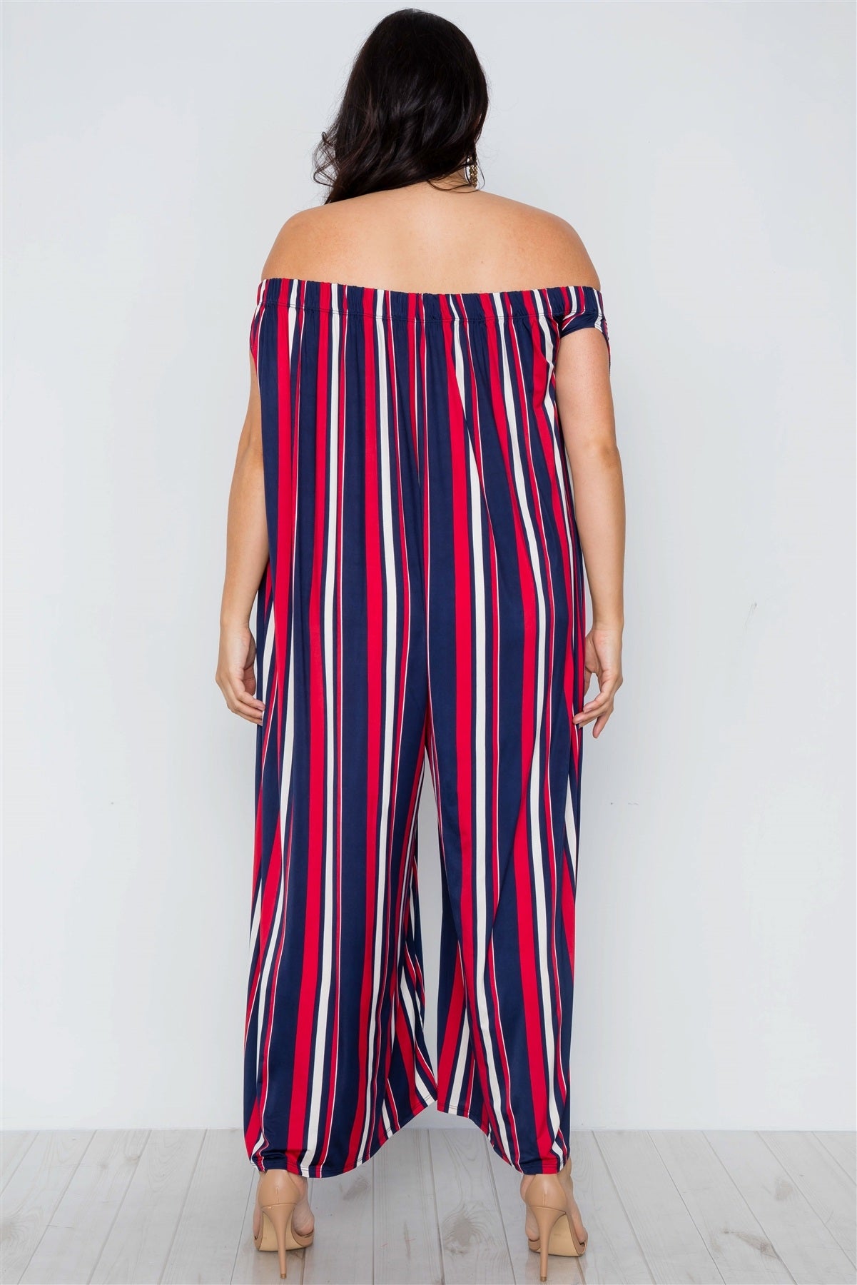 Plus Size Navy Red Off-the-shoulder Stripe Jumpsuit