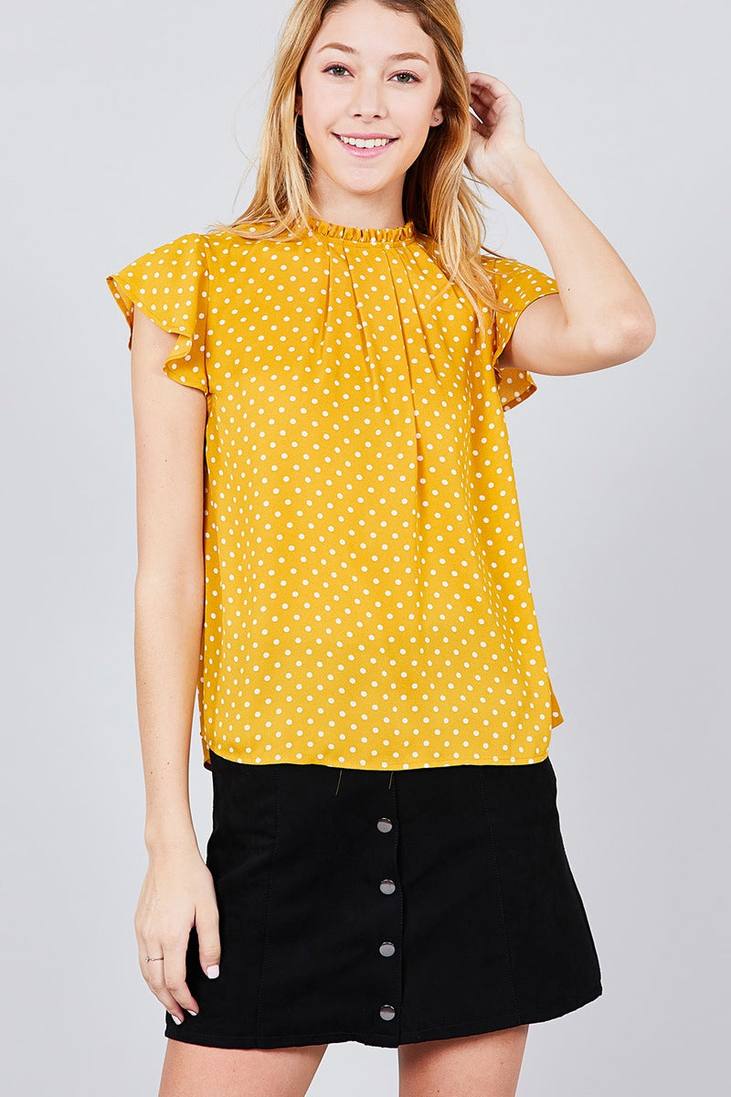 Short Sleeve Ruffle Neck Back Button Dot Print Woven Top