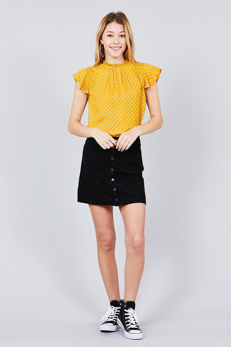 Short Sleeve Ruffle Neck Back Button Dot Print Woven Top