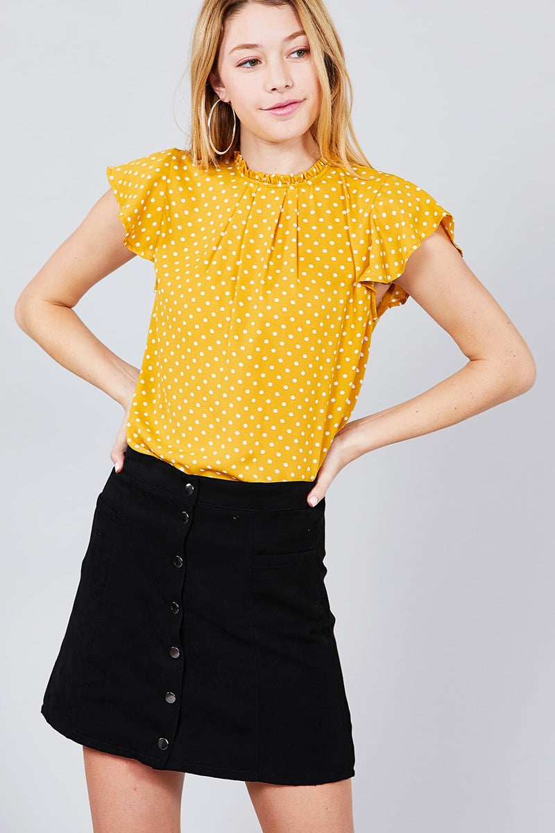 Short Sleeve Ruffle Neck Back Button Dot Print Woven Top