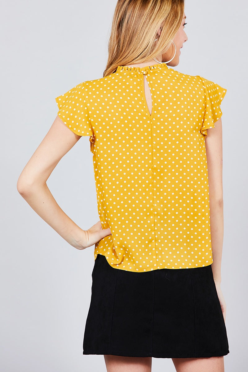 Short Sleeve Ruffle Neck Back Button Dot Print Woven Top