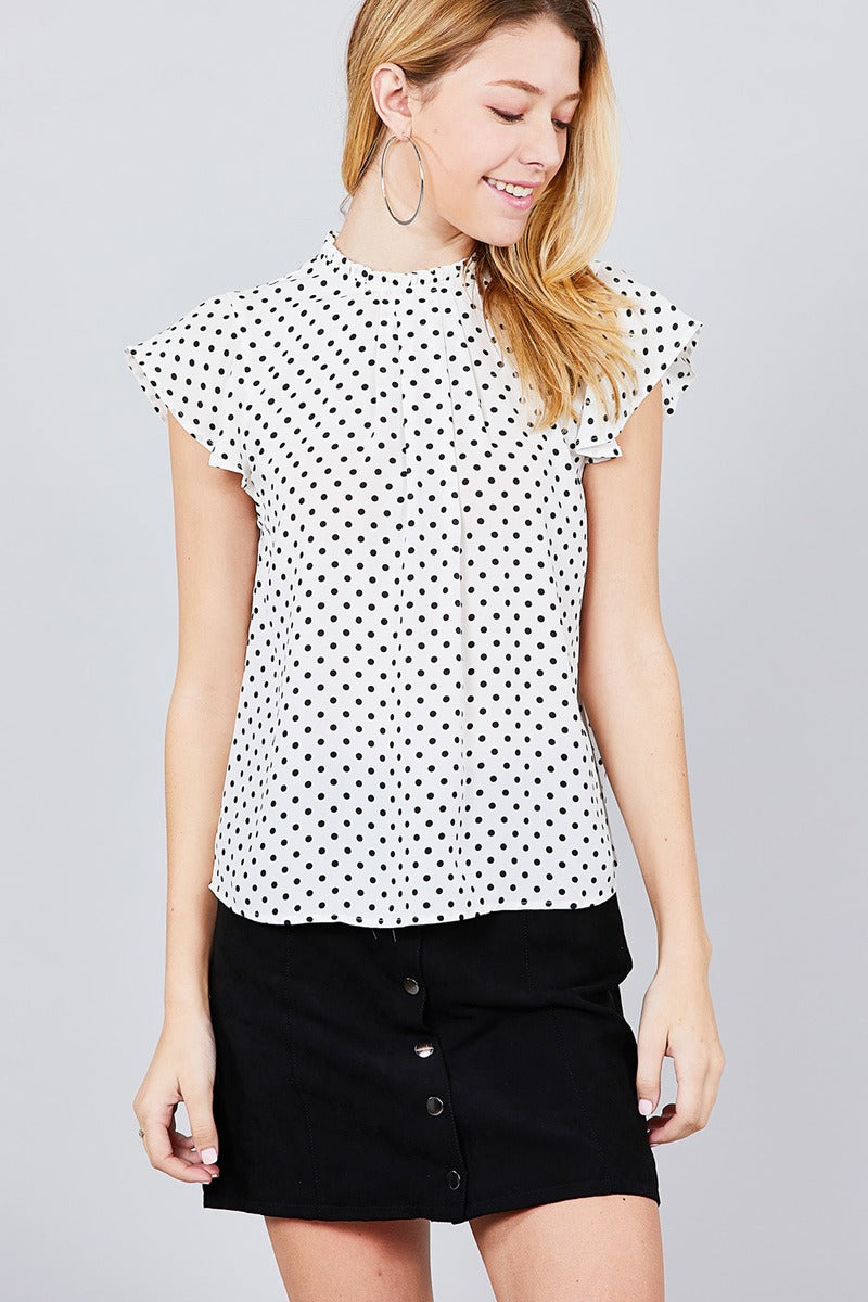 Short Sleeve Ruffle Neck Back Button Dot Print Woven Top