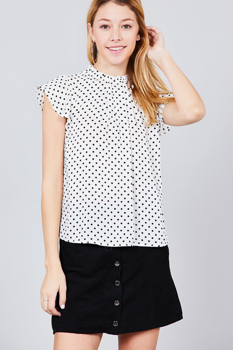 Short Sleeve Ruffle Neck Back Button Dot Print Woven Top