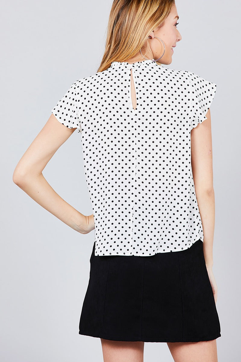 Short Sleeve Ruffle Neck Back Button Dot Print Woven Top