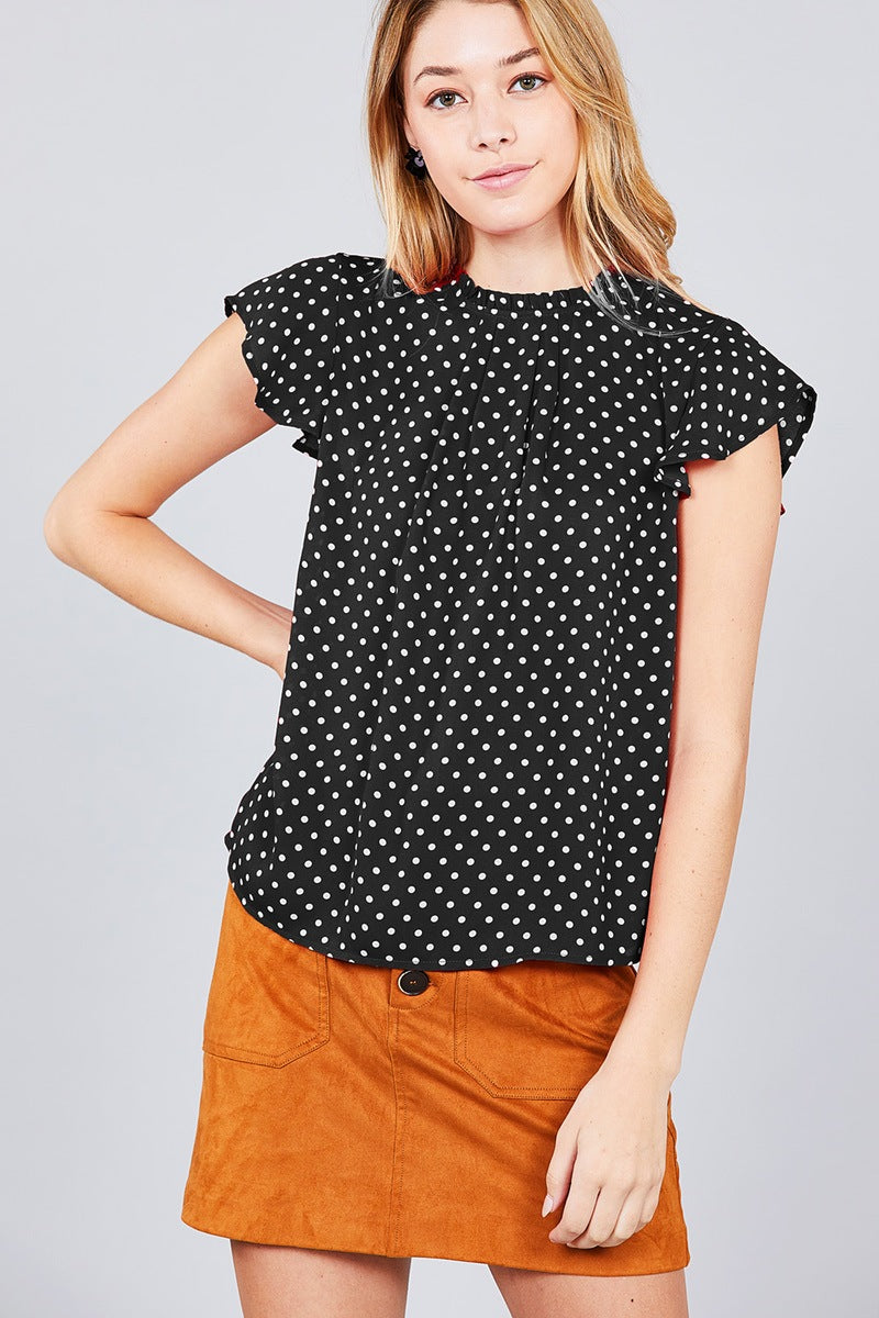 Short Sleeve Ruffle Neck Back Button Dot Print Woven Top