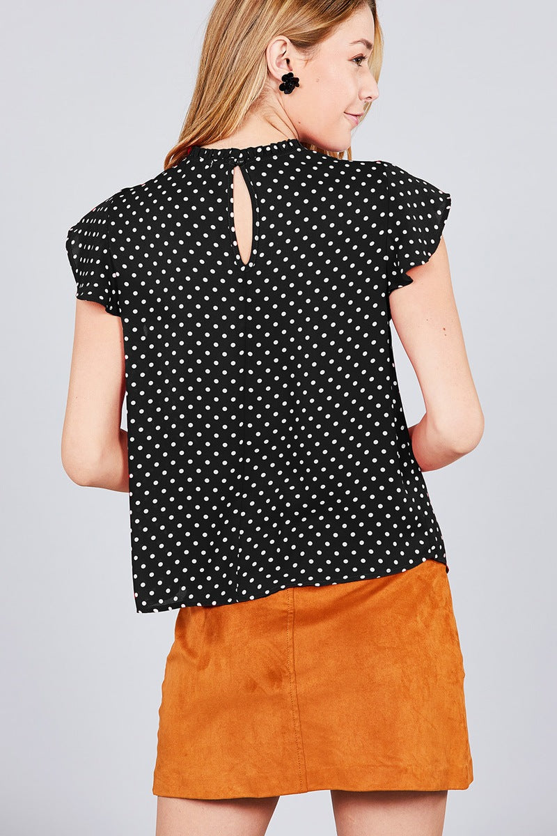 Short Sleeve Ruffle Neck Back Button Dot Print Woven Top