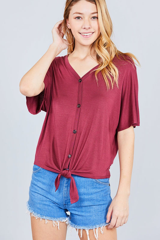 Short Dolman Sleeve V-neck W/button Detail Front Tie Rayon Spandex Cardigan