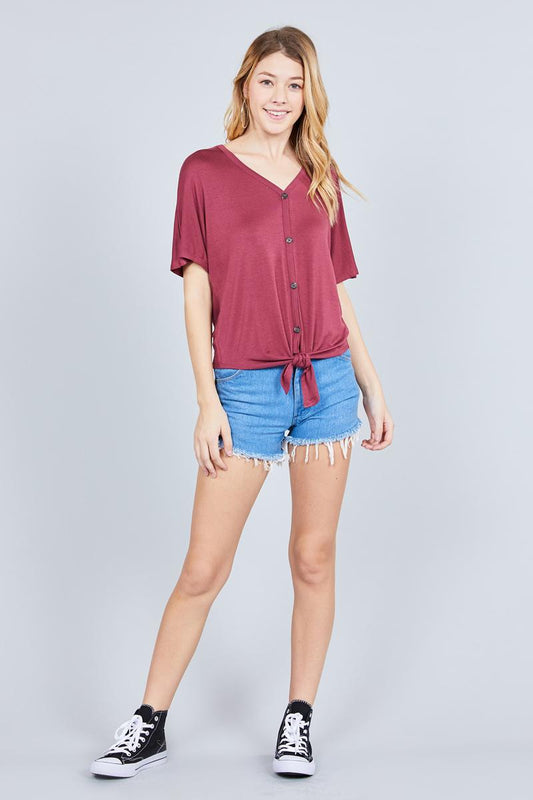 Short Dolman Sleeve V-neck W/button Detail Front Tie Rayon Spandex Cardigan