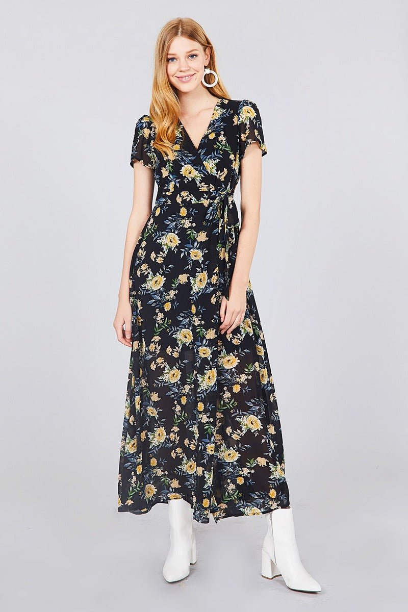 Short Sleeve V-neck Wrapped W/bow Tie Floral Print Maxi Dress