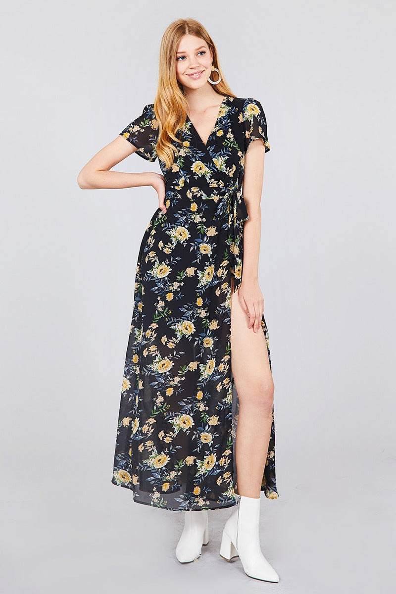 Short Sleeve V-neck Wrapped W/bow Tie Floral Print Maxi Dress